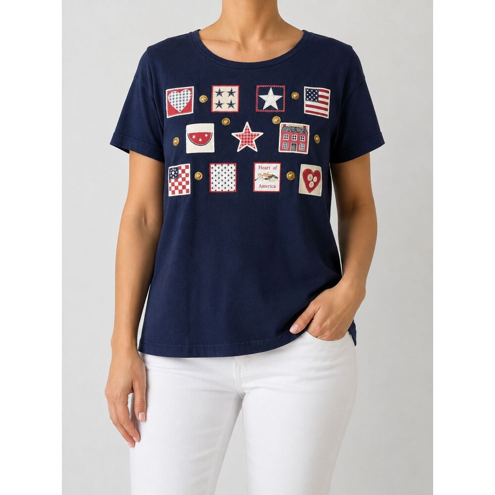 Wetpaint Women’s Navy Americana Patch Graphic T-Shirt Short Sleeve Size M